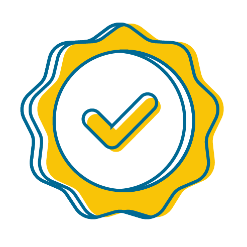 blue and yellow line drawn icon of a circular ribbon shaped design, encompassing and checkmark